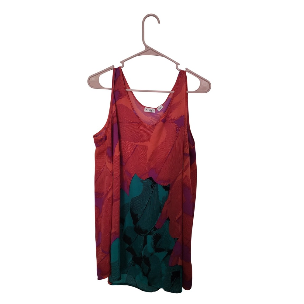 Cato Woman Blouse Womens 18/20W Coral Teal Abstract Leaf Print V-Neck Tank Top